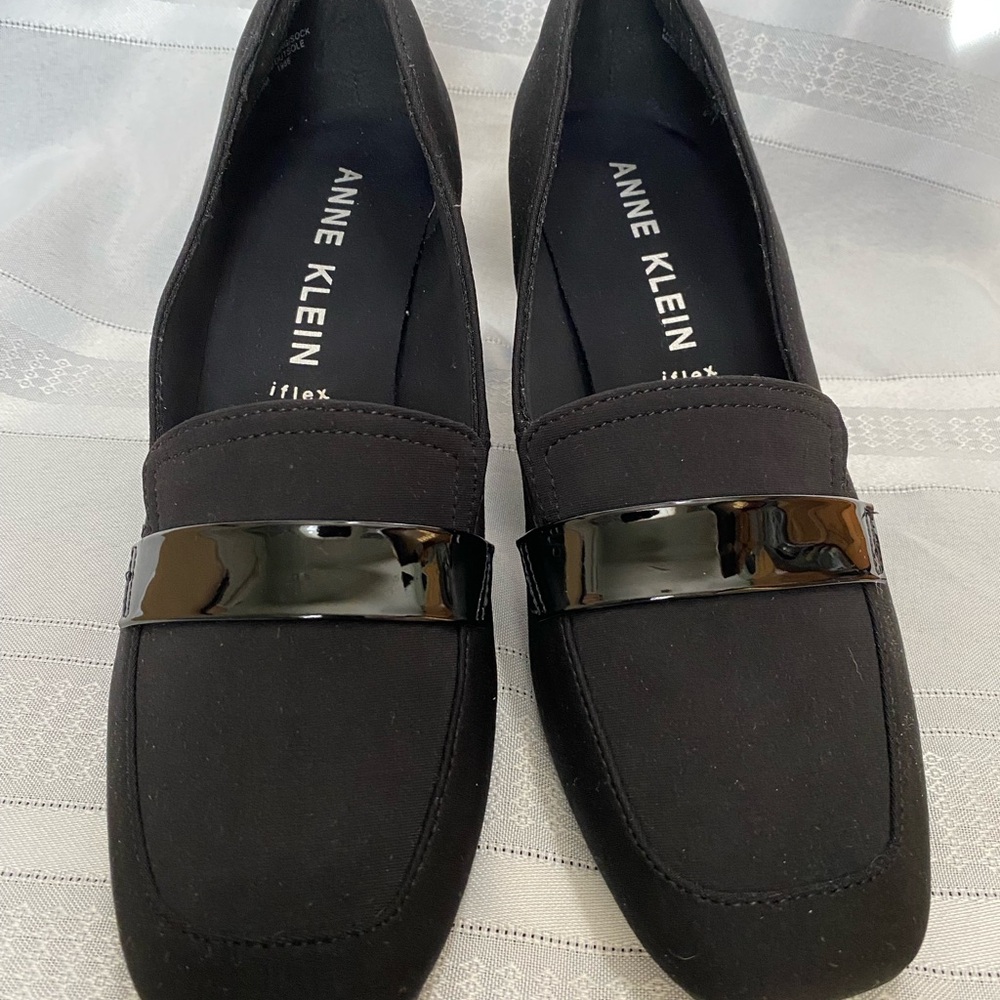 Anne Klein Black Heel Loafers with Patent Detail